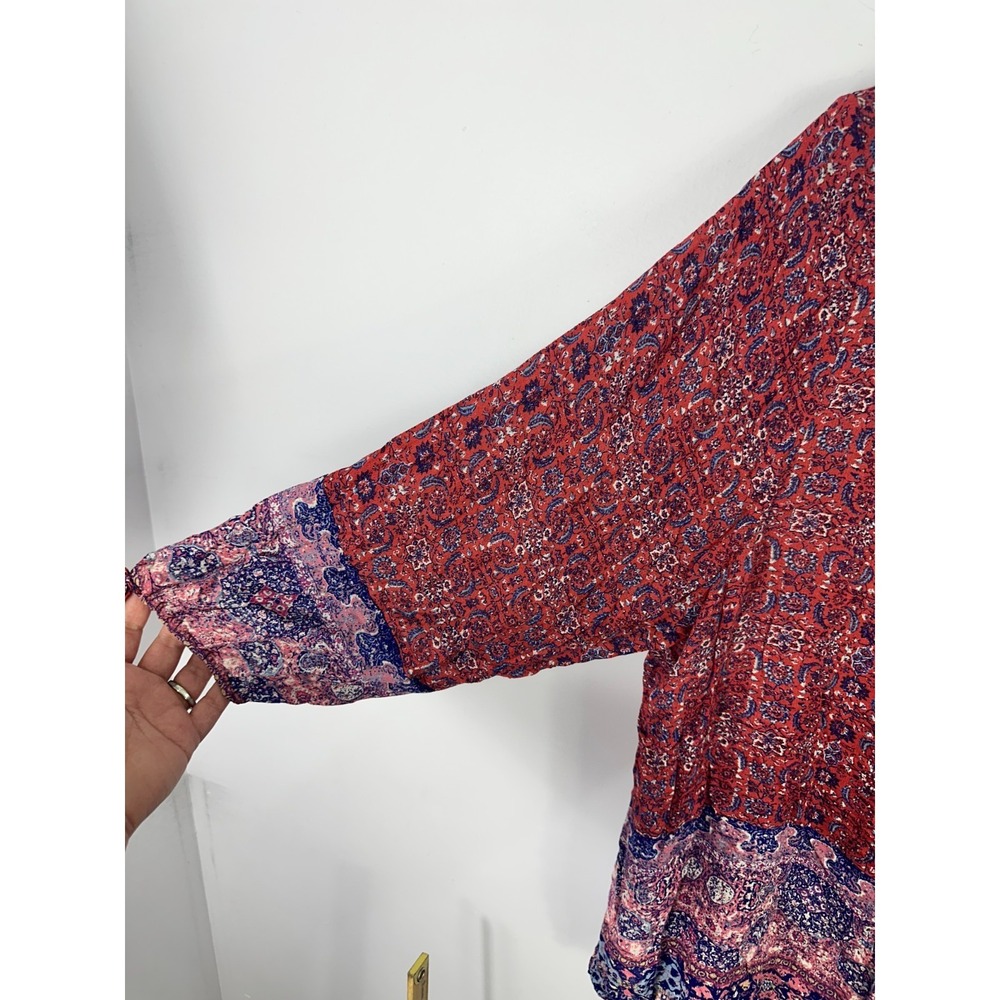 Lucky Brand Womens 3X Tapestry Henley Top Red Blue Geometric Peasant Boho Blouse - Picture 6 of 8